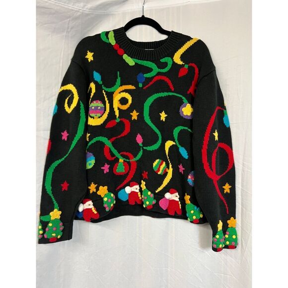 Vintage Christmas Sweater Black with Festive Holiday Design Star Trees Ornaments - Picture 1 of 6